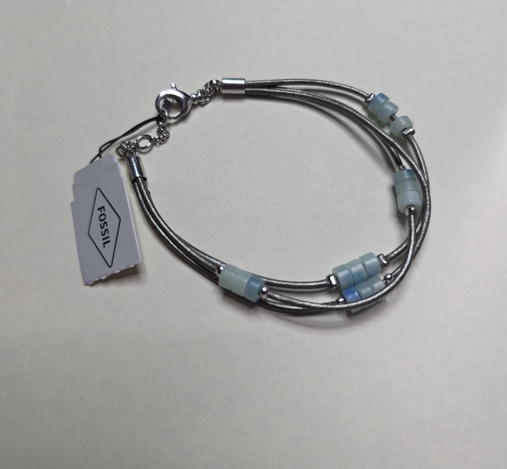 Fossil Silver Bracelet with Pale Blue Beads